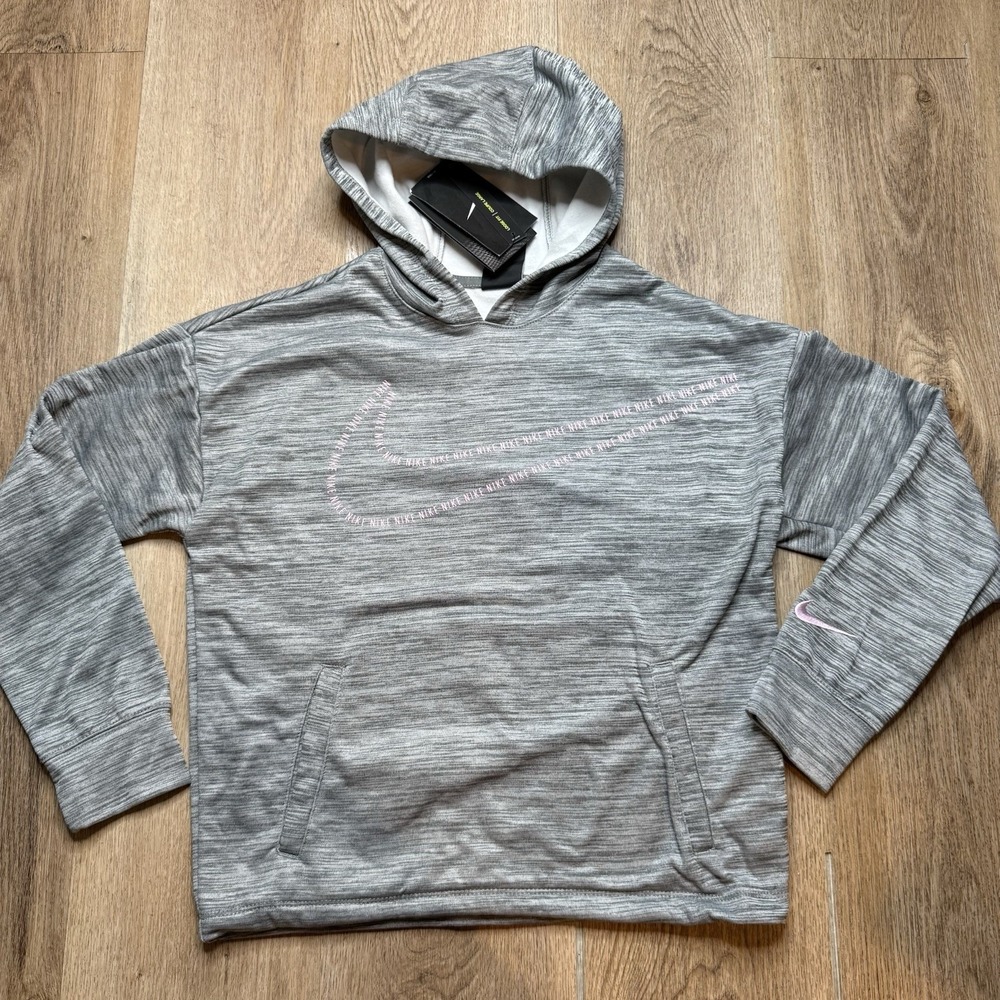 NEW Nike Girl's Gray Pink  Graphic Therma-Fit Loose Fit Hoodie Pullovers Size M